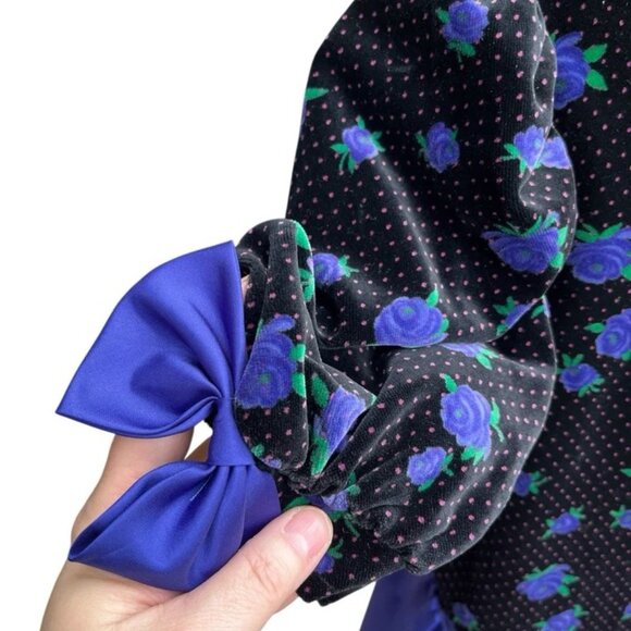 Vintage Bonnie Jean Dress 10 Velvet Floral Bow Sleeve Made USA Purple Party - Picture 4 of 11